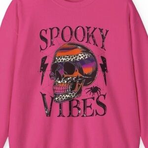 Women’s Hot Pink Halloween Sweatshirt Skeleton Retro Vibes Trick or Treat Shirt